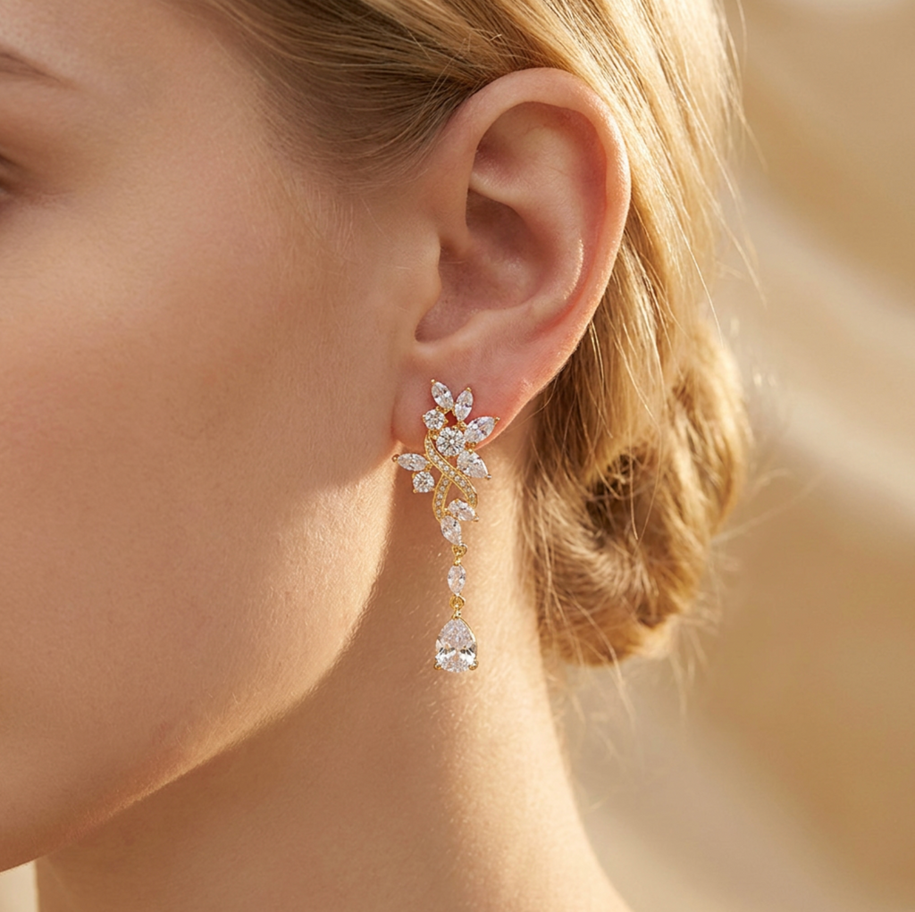 Leaf Cluster Zircon Teardrop Earrings
