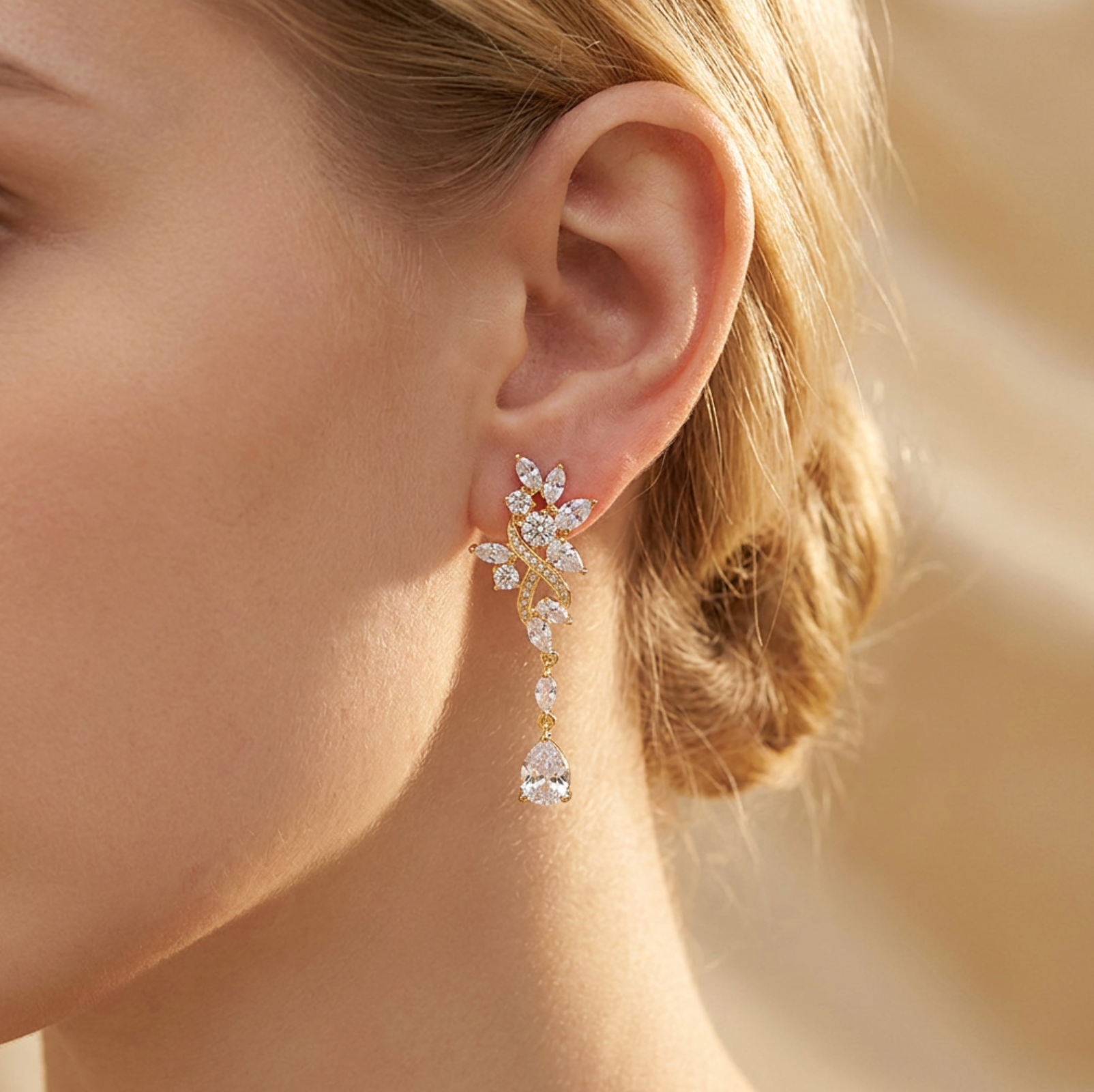 Leaf Cluster Zircon Teardrop Earrings