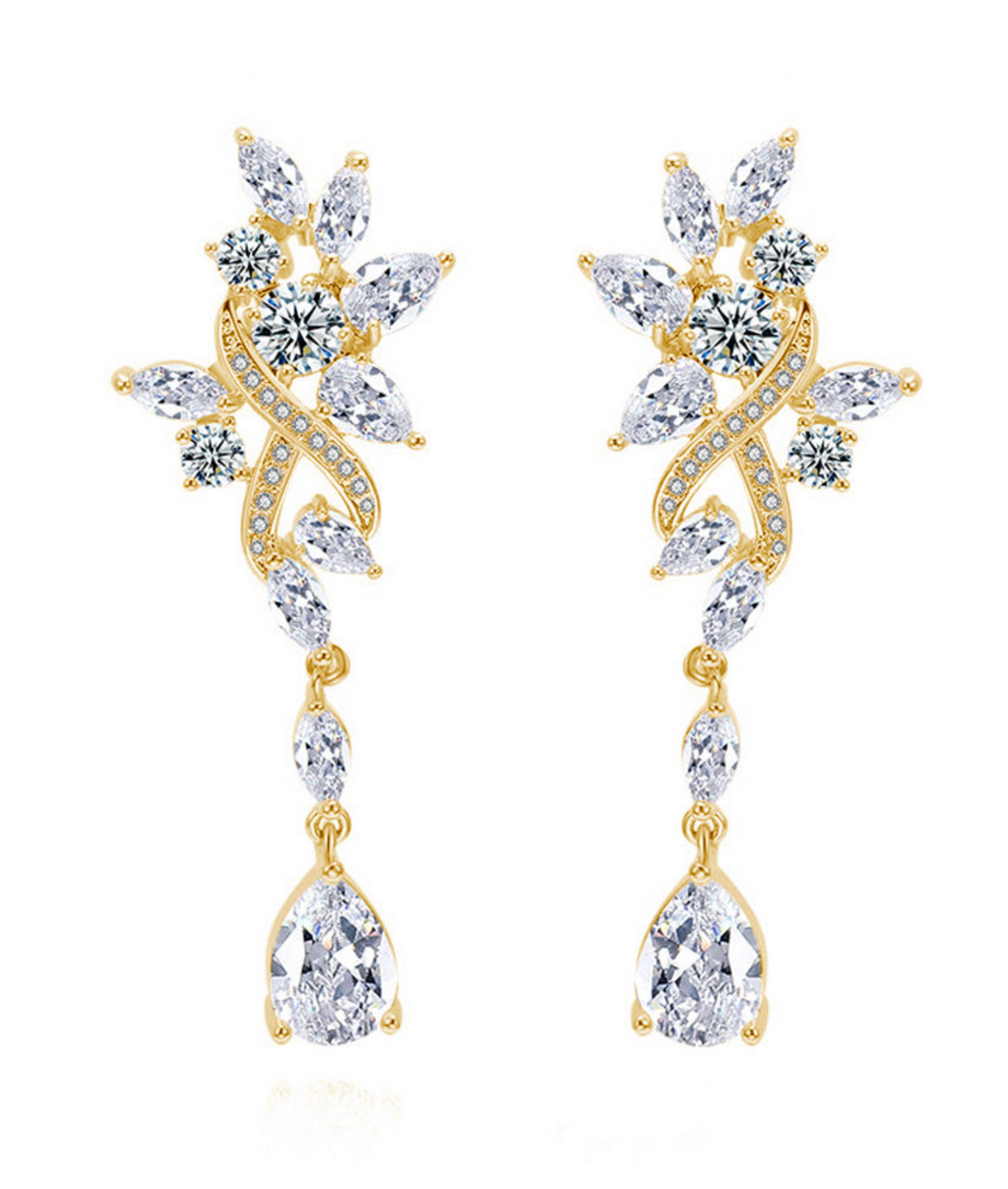 Leaf Cluster Zircon Teardrop Earrings
