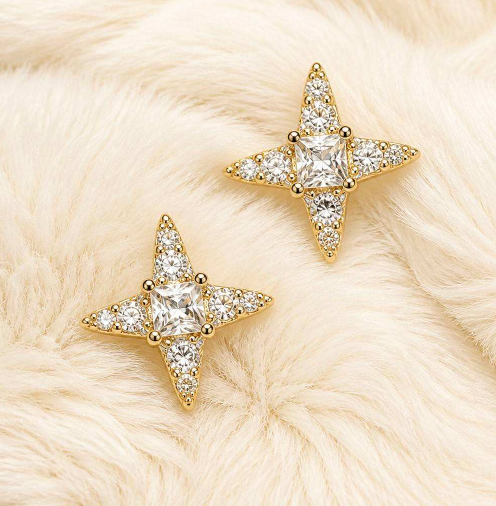 Gold-Plated Four-Pointed Star Zircon Stud Earrings