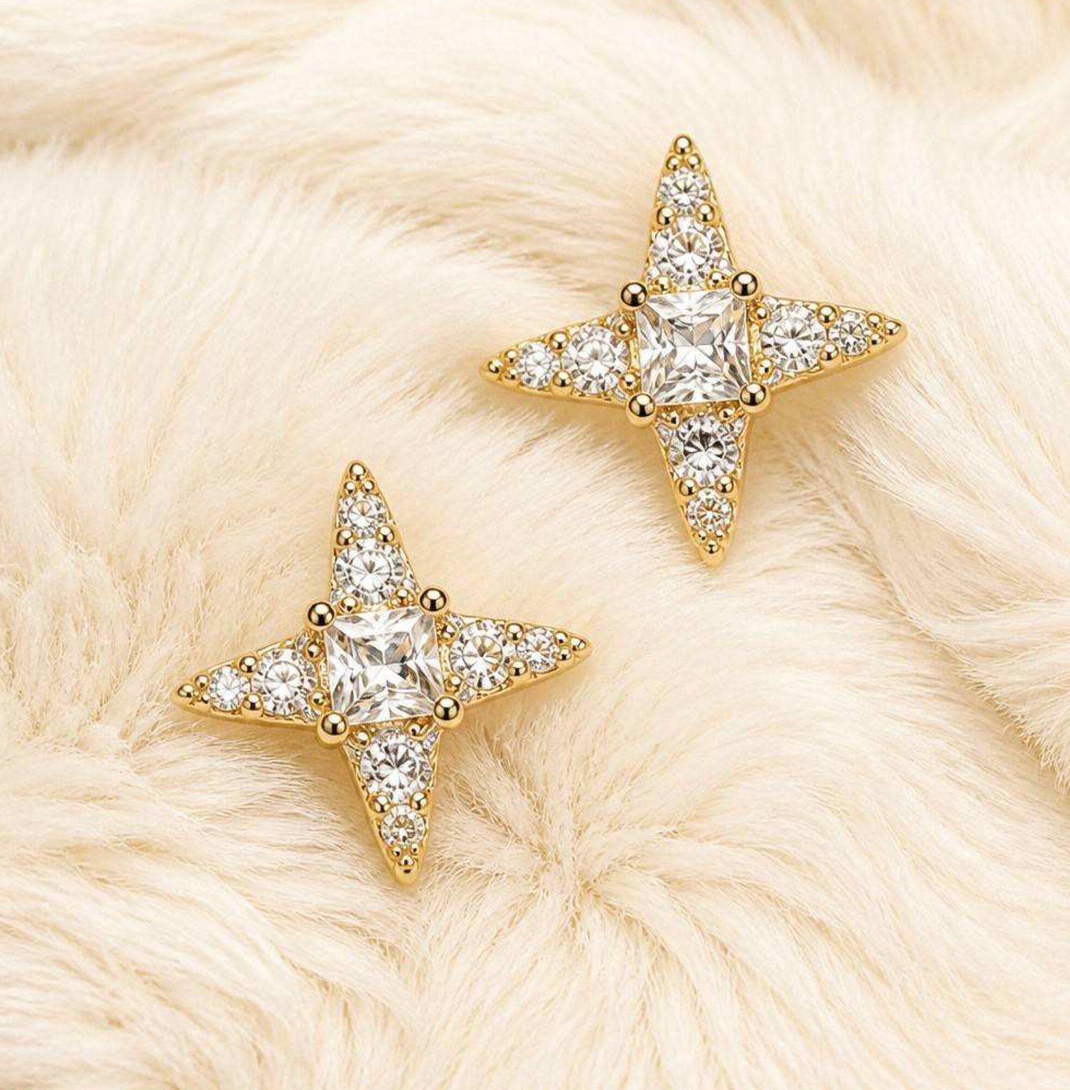 Gold-Plated Four-Pointed Star Zircon Stud Earrings