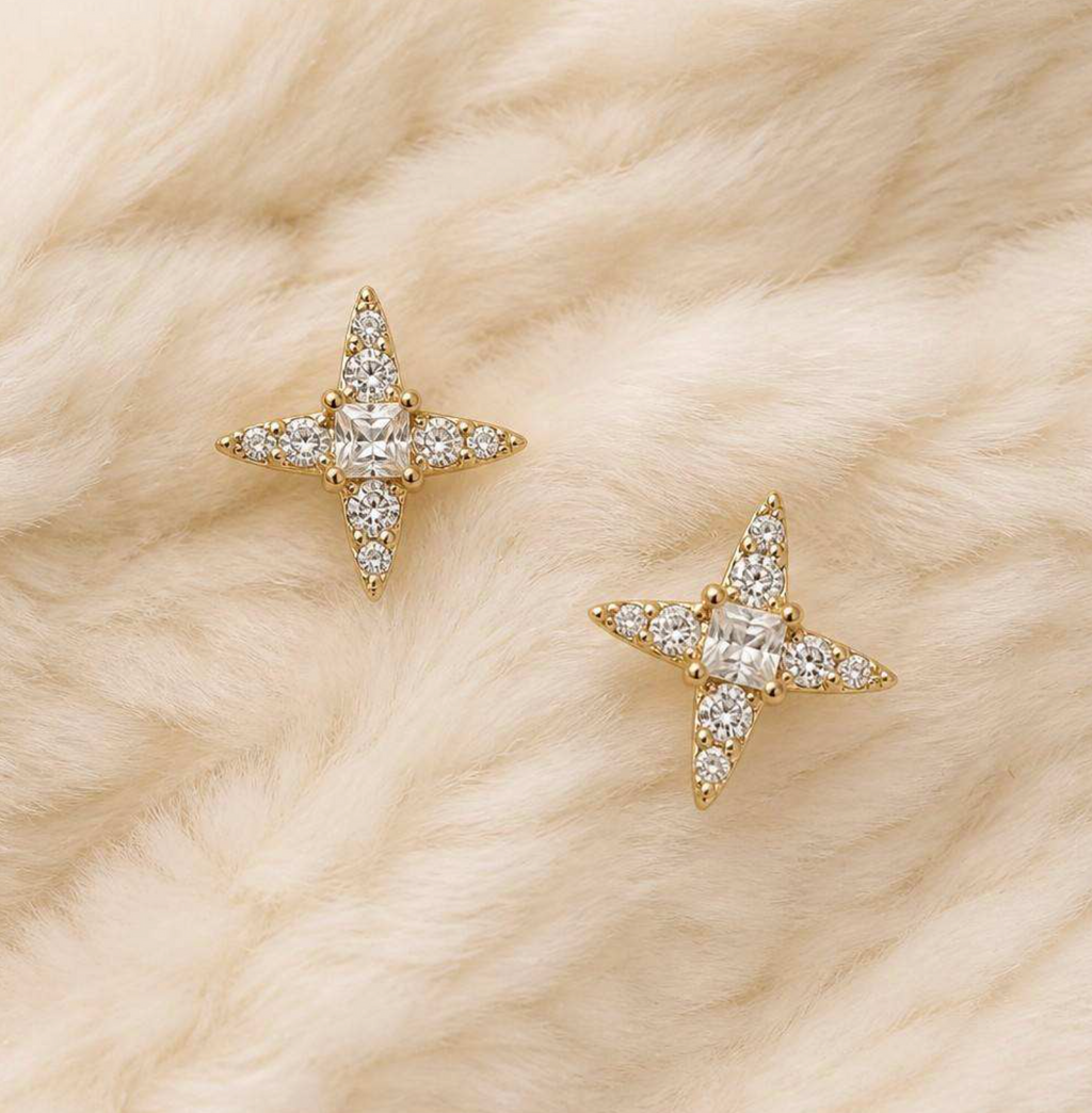 Gold-Plated Four-Pointed Star Zircon Stud Earrings