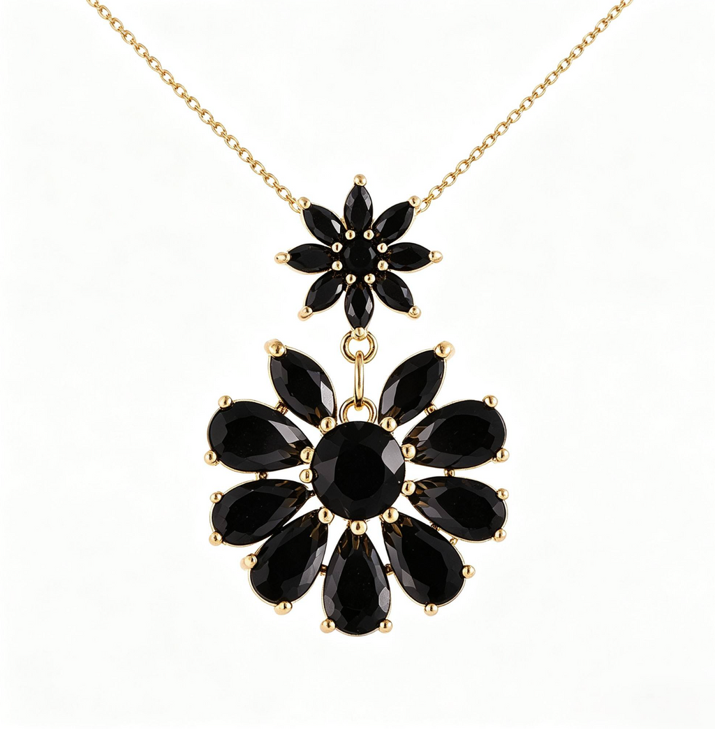Elegant Double Bloom Black Zircon Pendant Necklace