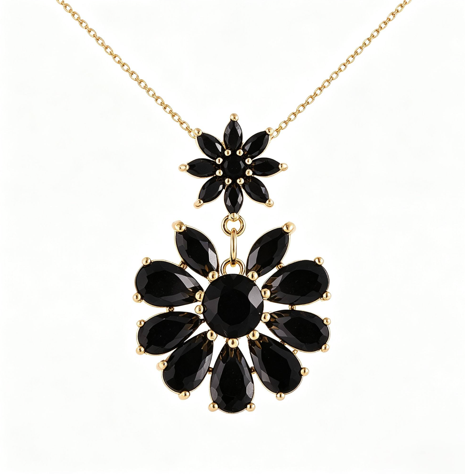 Elegant Double Bloom Black Zircon Pendant Necklace