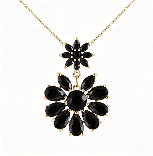 Elegant Double Bloom Black Zircon Pendant Necklace