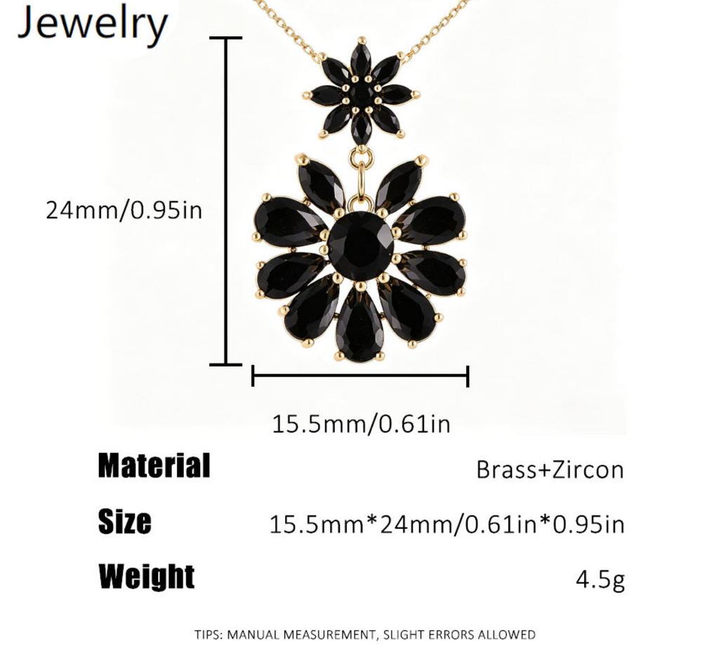 Elegant Double Bloom Black Zircon Pendant Necklace