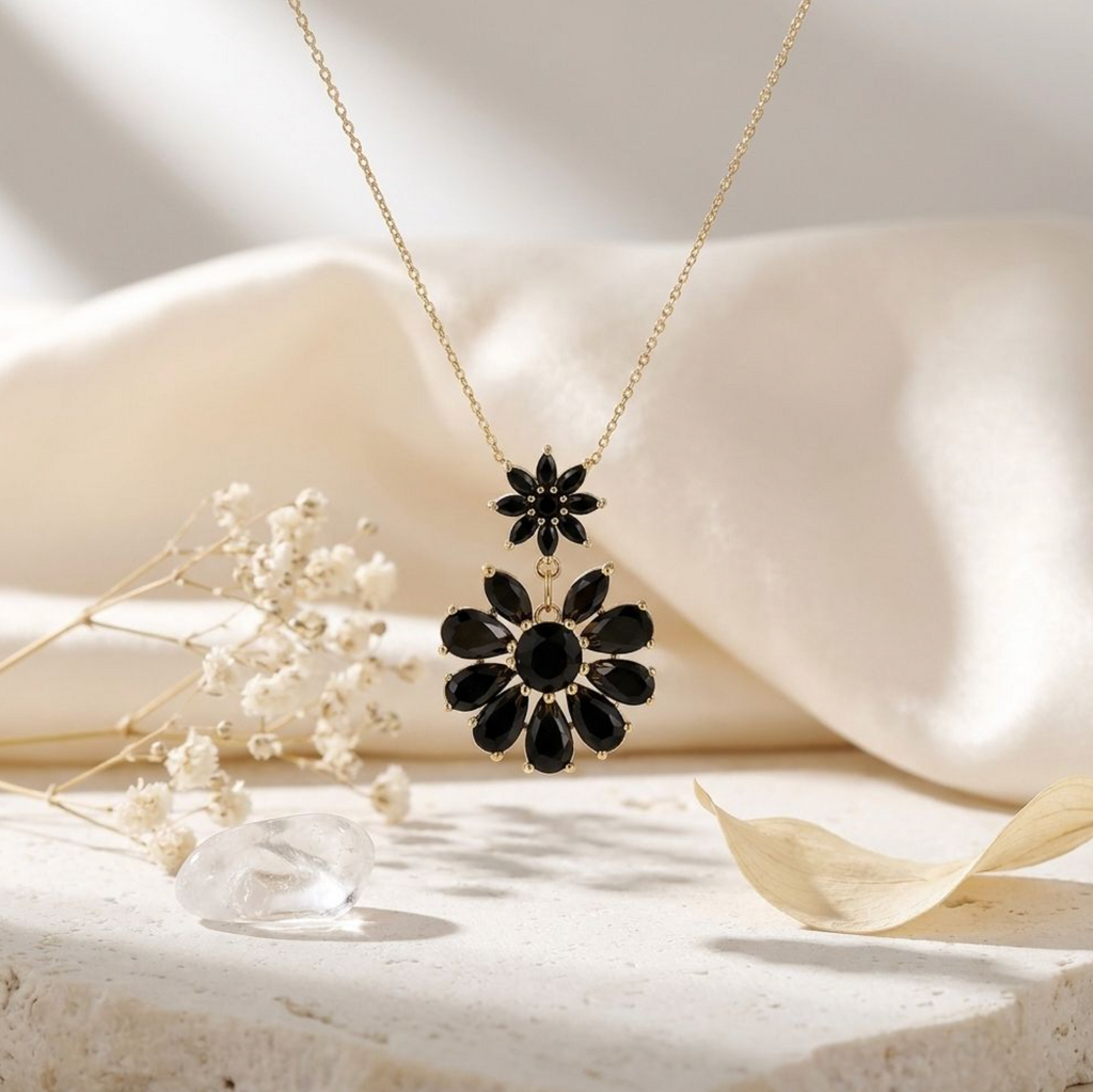 Elegant Double Bloom Black Zircon Pendant Necklace