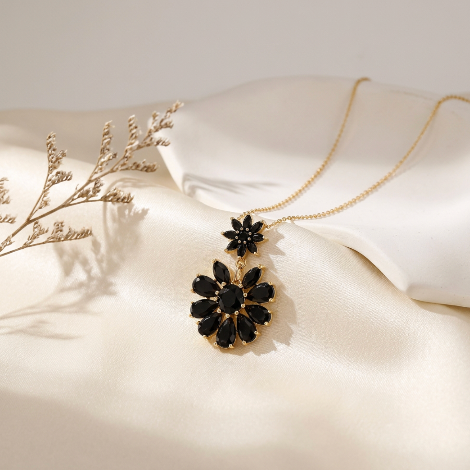Elegant Double Bloom Black Zircon Pendant Necklace