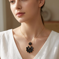 Elegant Double Bloom Black Zircon Pendant Necklace