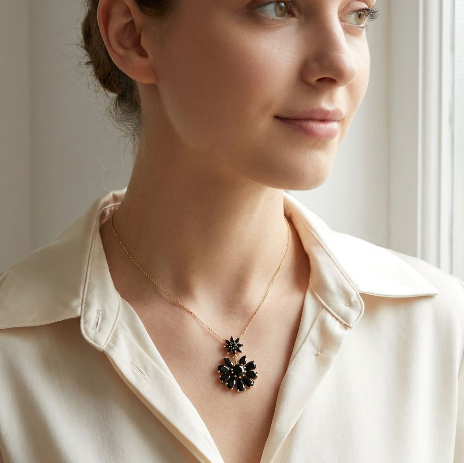 Elegant Double Bloom Black Zircon Pendant Necklace