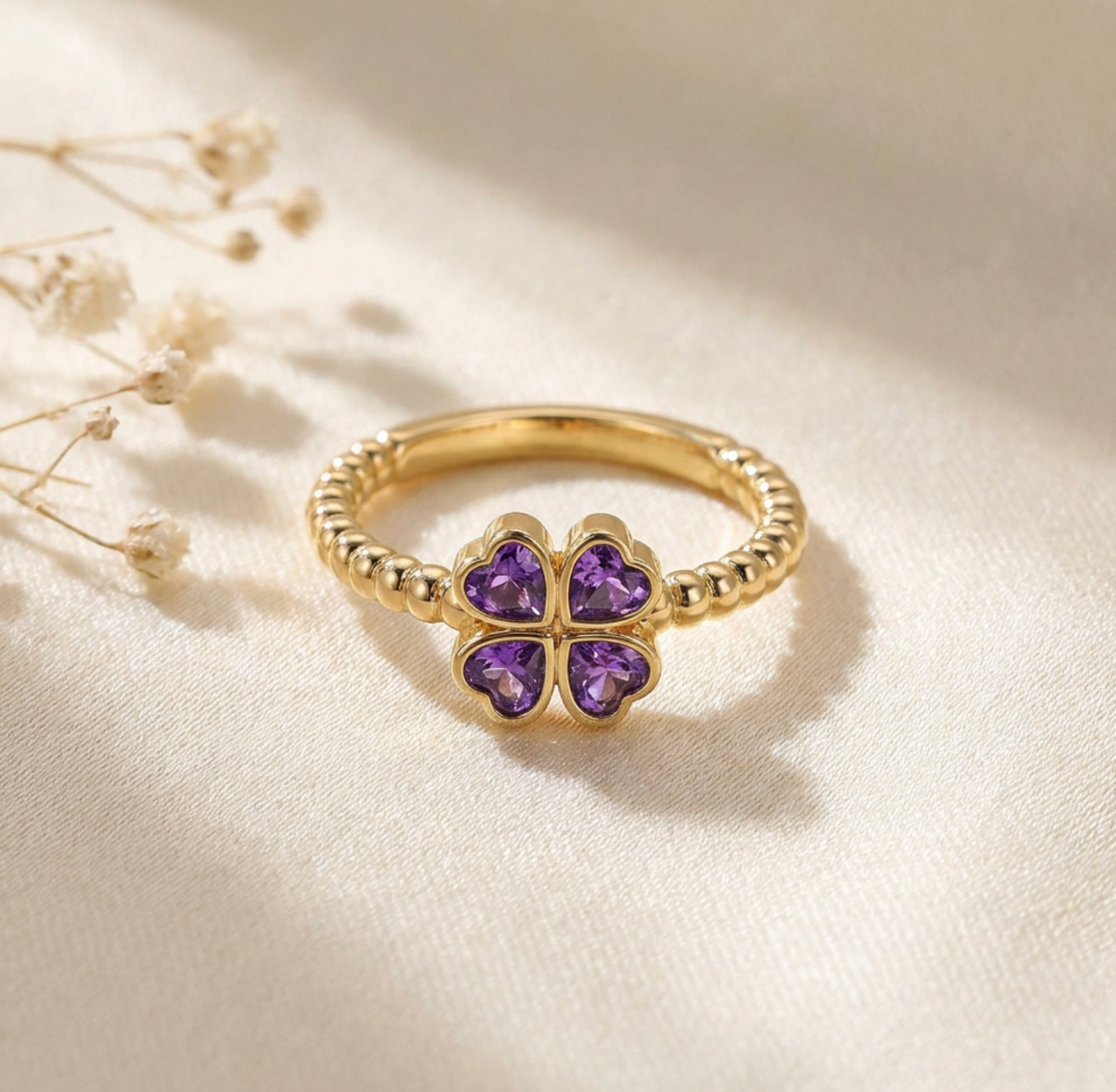 Purple Heart Zircon Four-Leaf Clover Ring
