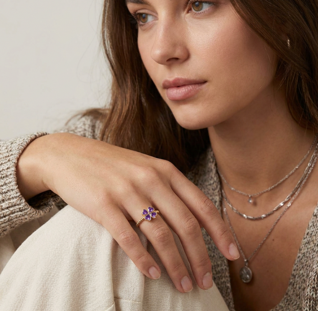 Purple Heart Zircon Four-Leaf Clover Ring
