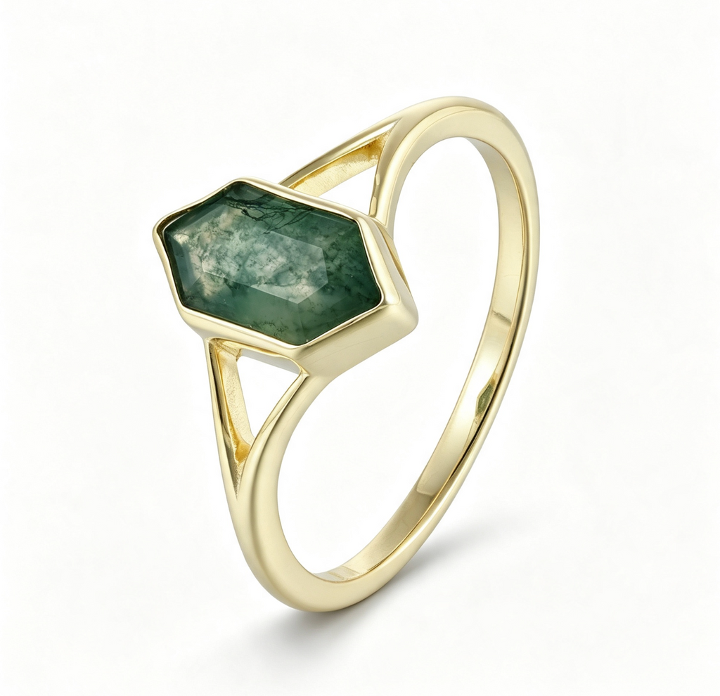 Moss Agate Hexagon Gemstone Ring