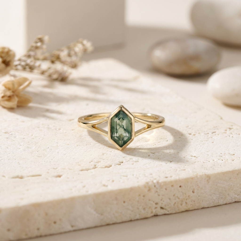 Moss Agate Hexagon Gemstone Ring