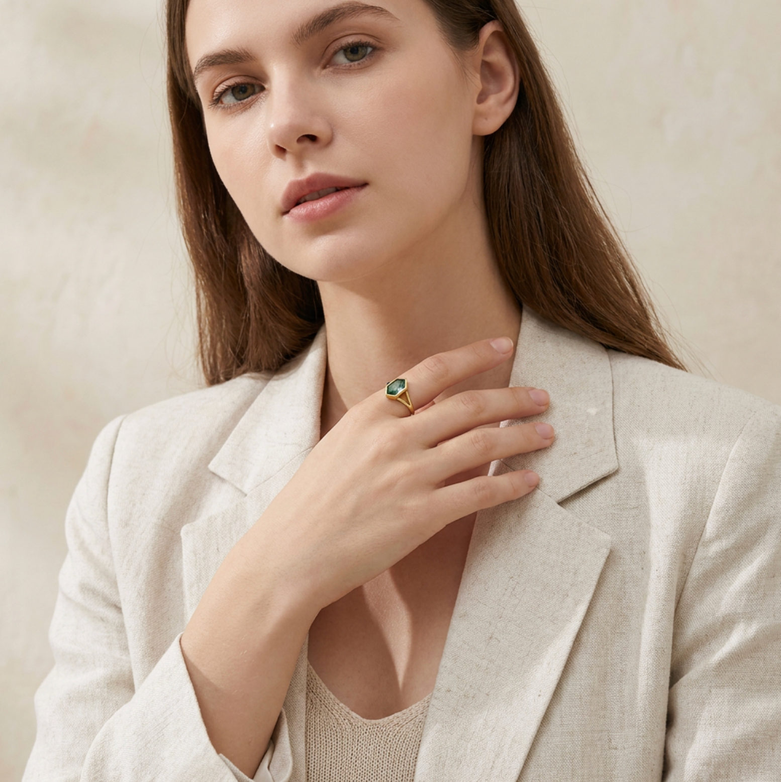 Moss Agate Hexagon Gemstone Ring